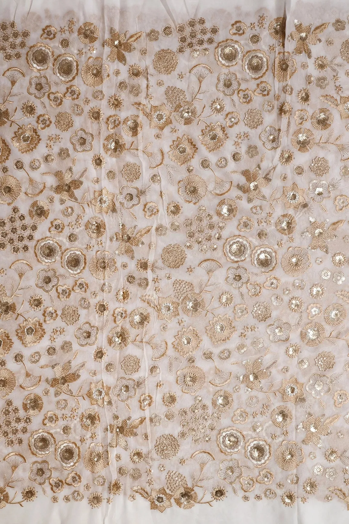 Beige Thread With Gold Sequins Embroidery On White Dyeable Viscose Georgette Fabric