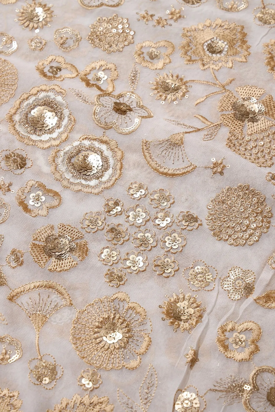 Beige Thread With Gold Sequins Embroidery On White Dyeable Viscose Georgette Fabric