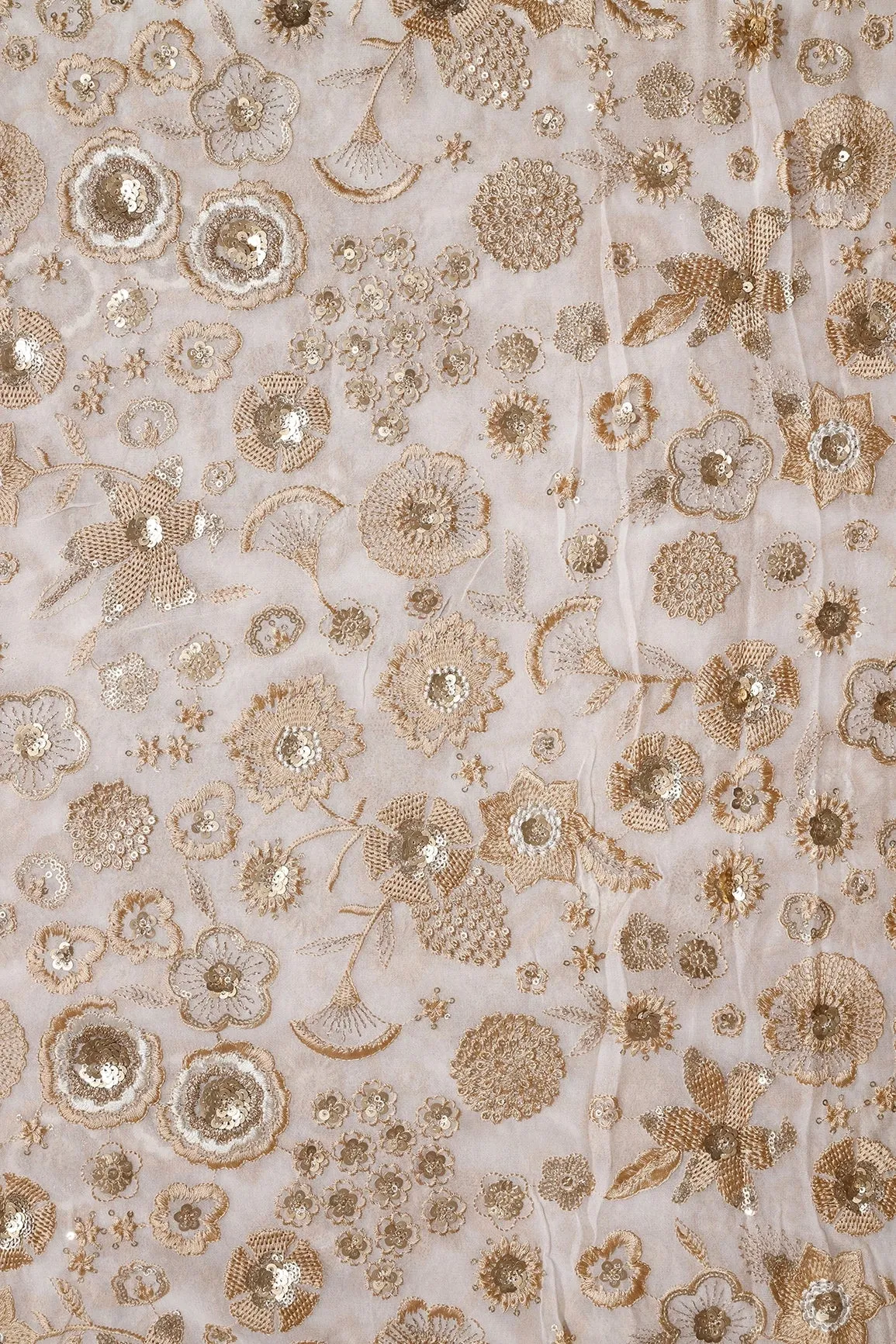 Beige Thread With Gold Sequins Embroidery On White Dyeable Viscose Georgette Fabric