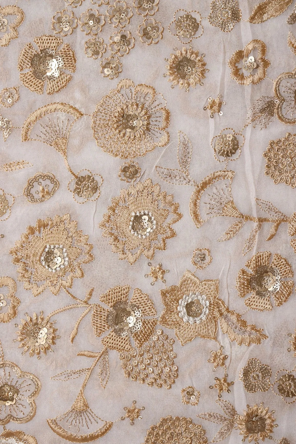 Beige Thread With Gold Sequins Embroidery On White Dyeable Viscose Georgette Fabric