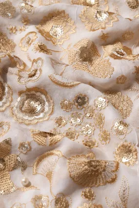 Beige Thread With Gold Sequins Embroidery On White Dyeable Viscose Georgette Fabric