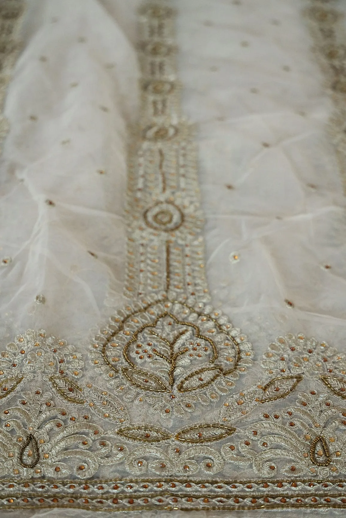 Big Width "56" Handwork Embroidery on Beige Soft net Fabric