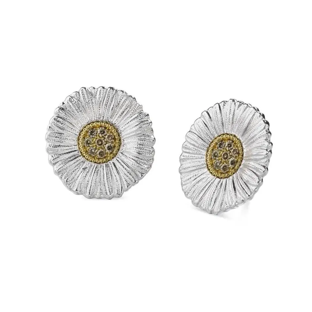 Buccellati - Blossoms Daisy - Earrings, Sterling Silver with Gold Accents and Brown Diamonds