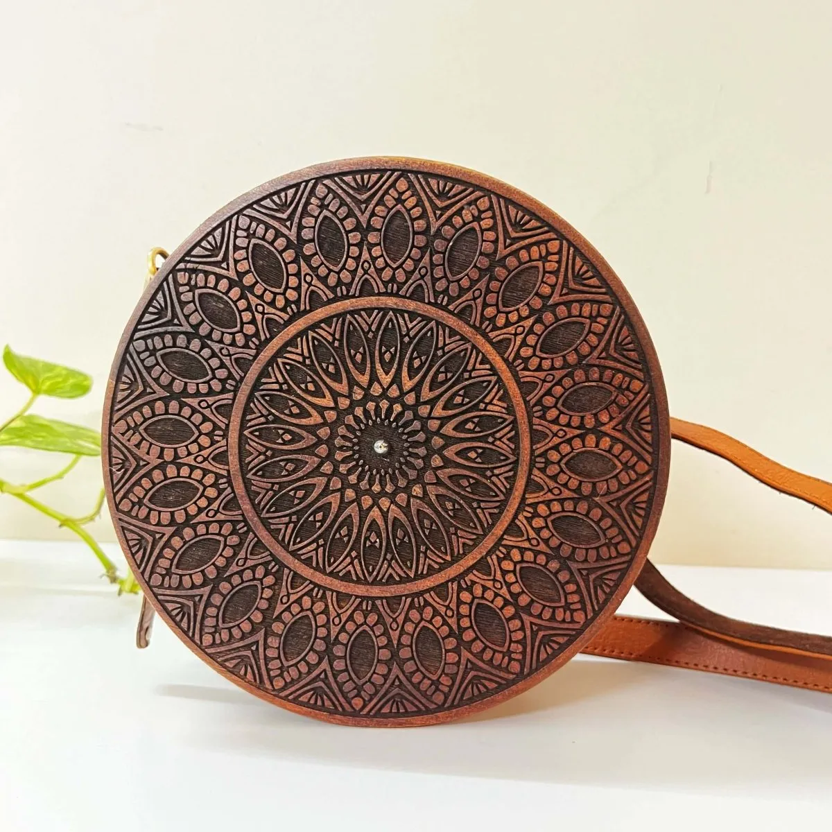 Circular Engraved Wood Sling Bag