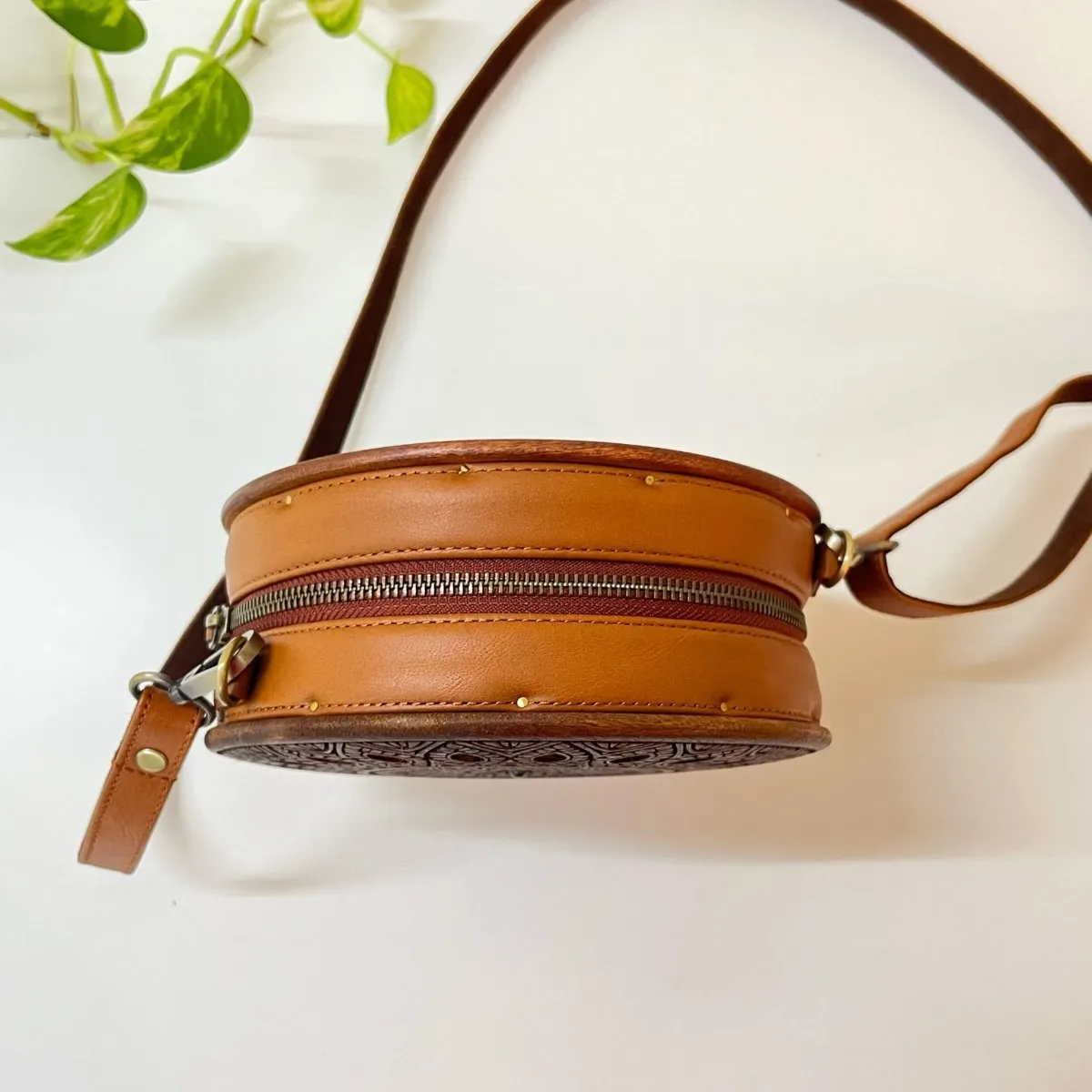 Circular Engraved Wood Sling Bag