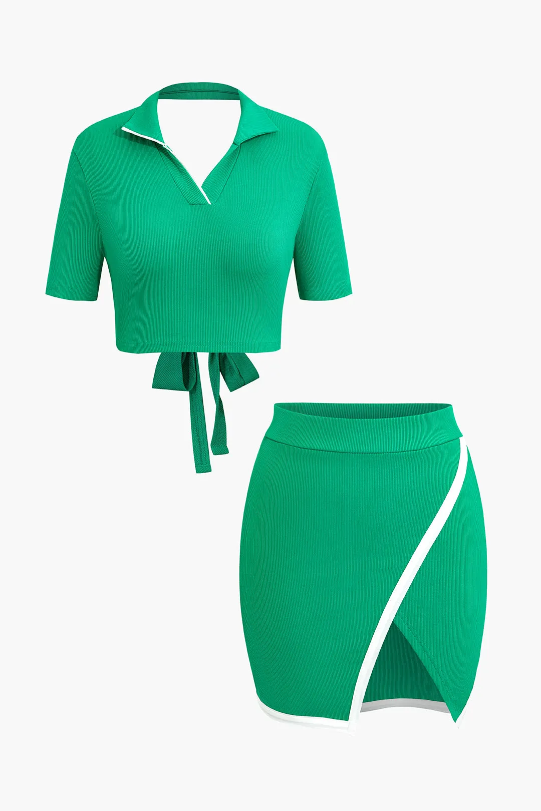 Contrast Backless Top And Slit Asymmetrical Mini Skirt Set