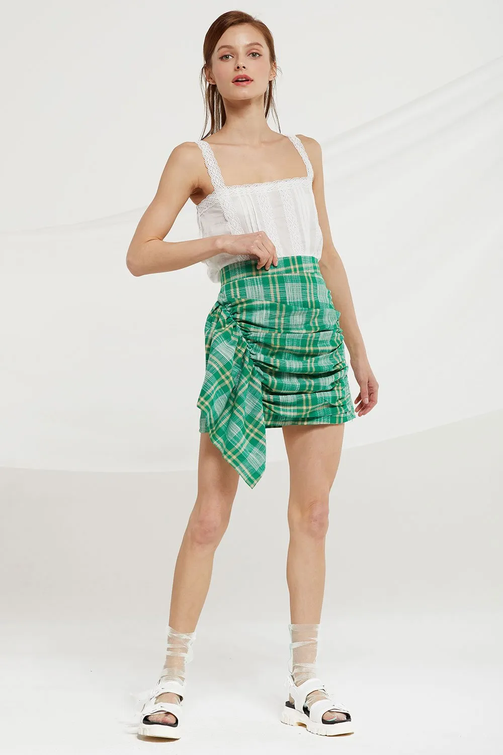 Danna Asymmetric Ruched Skirt in Check
