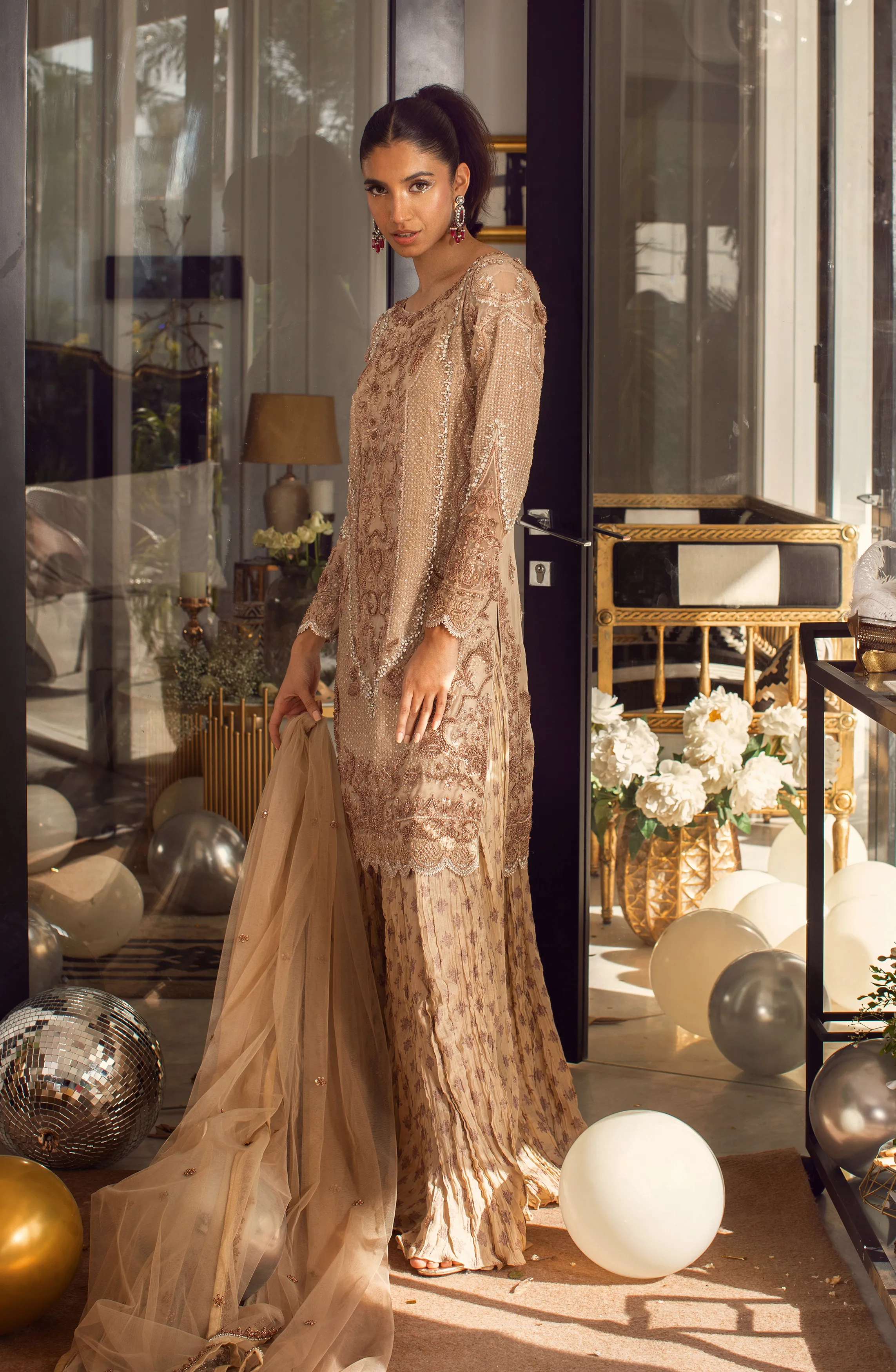 Embellished Shirt Paired with a Dupatta and Palazzo Pants