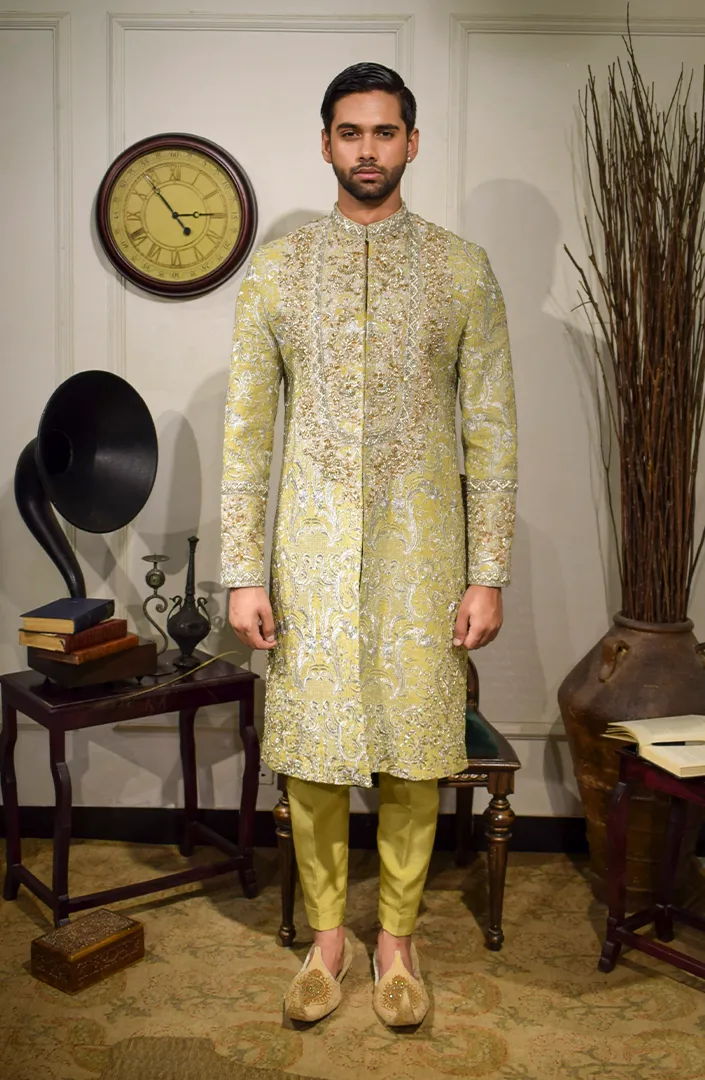 Embroidered silver and gold work silk sherwani with matching kurta and pants
