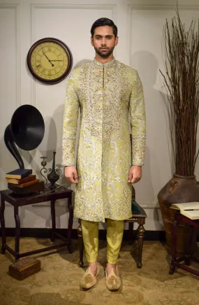 Embroidered silver and gold work silk sherwani with matching kurta and pants