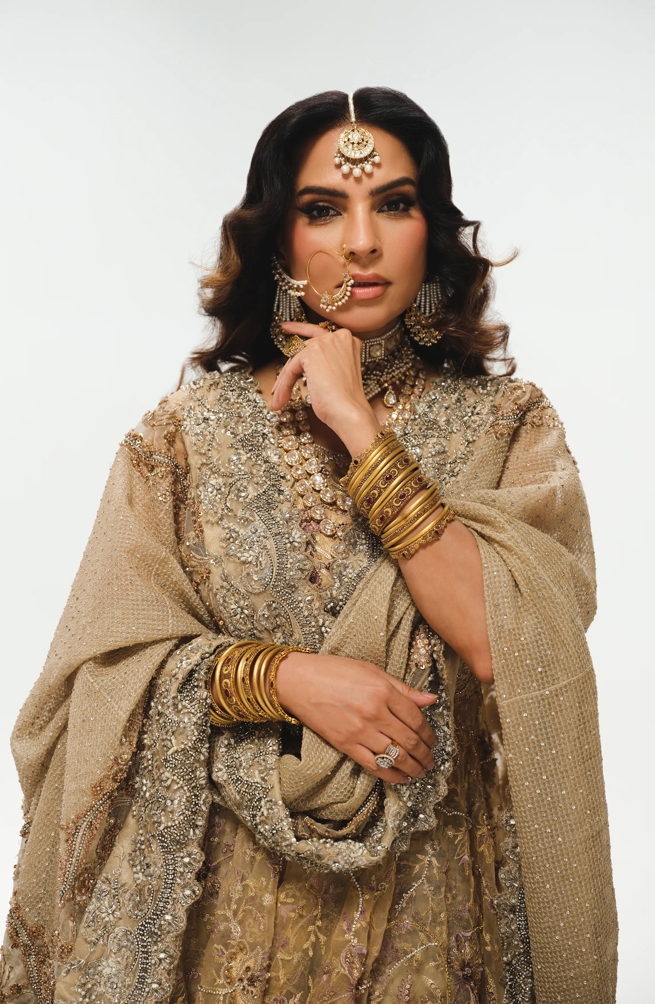 French Beige and Sepia Bridal Ensemble with Farshi Gharara and Peplum