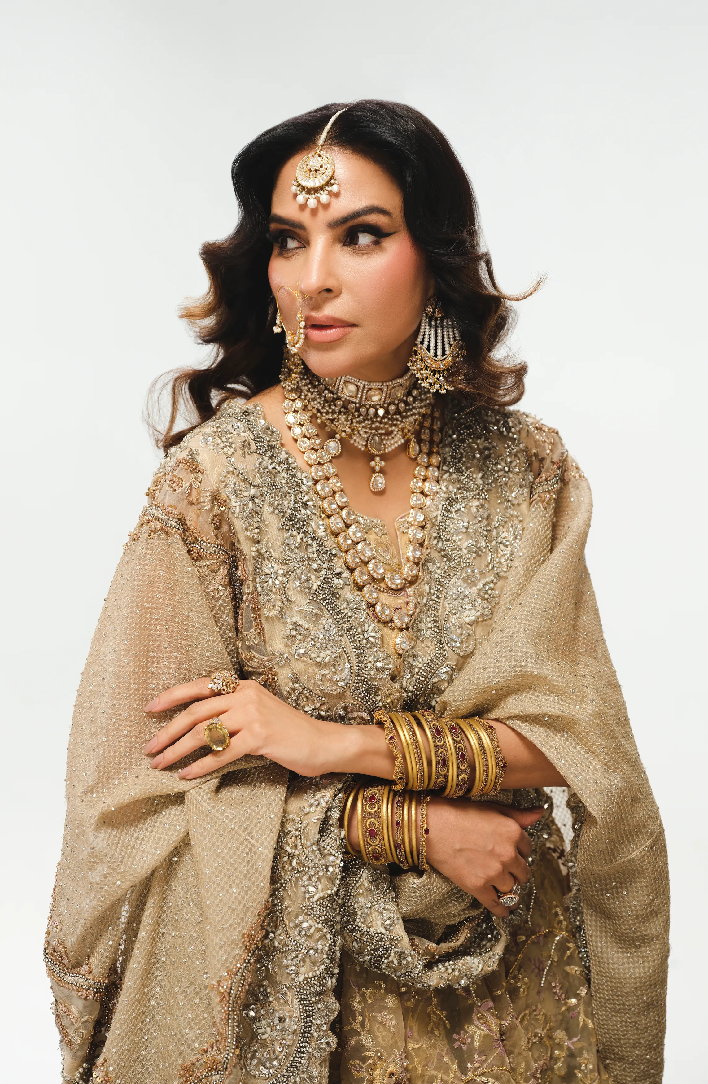 French Beige and Sepia Bridal Ensemble with Farshi Gharara and Peplum