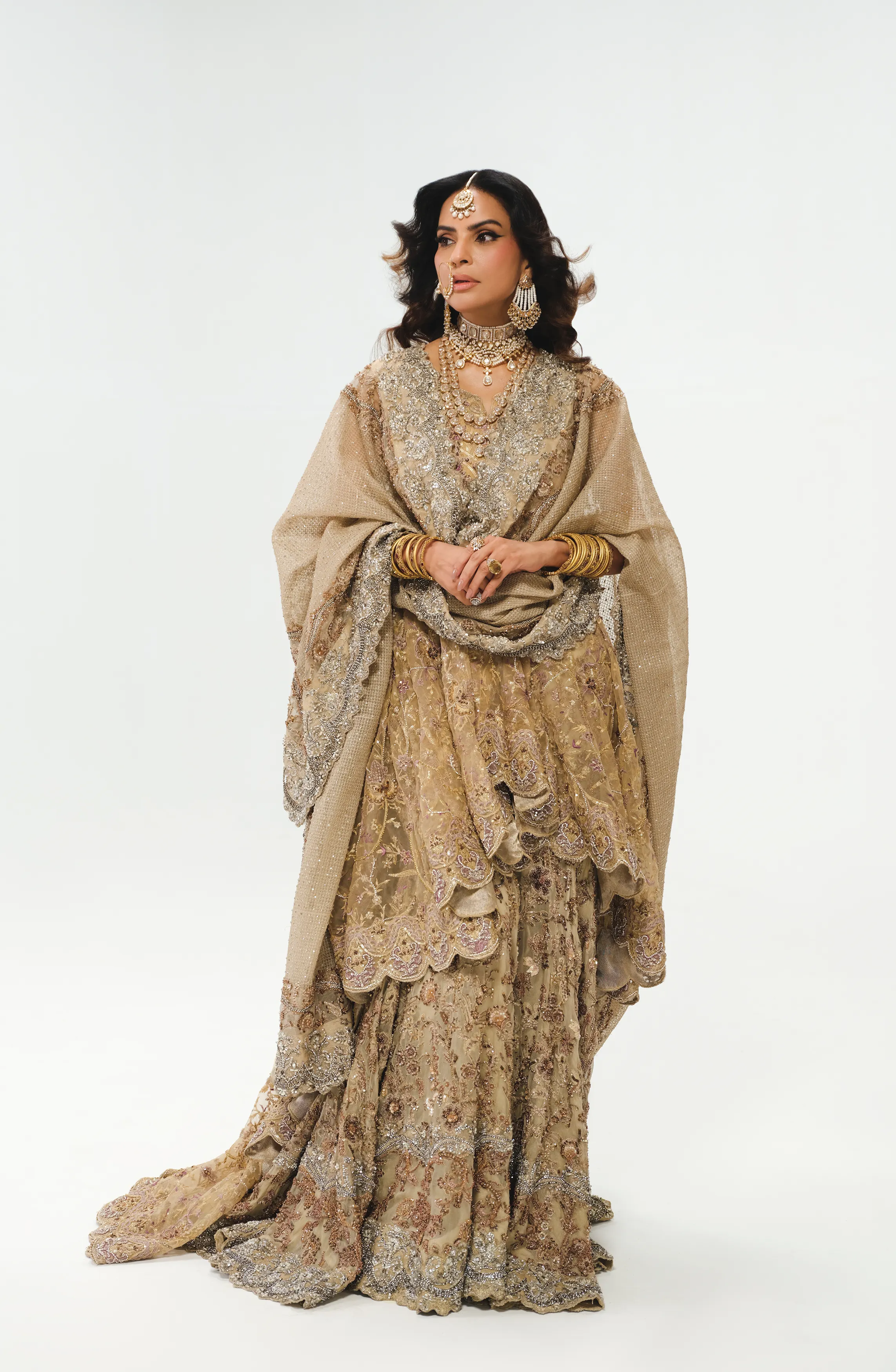 French Beige and Sepia Bridal Ensemble with Farshi Gharara and Peplum