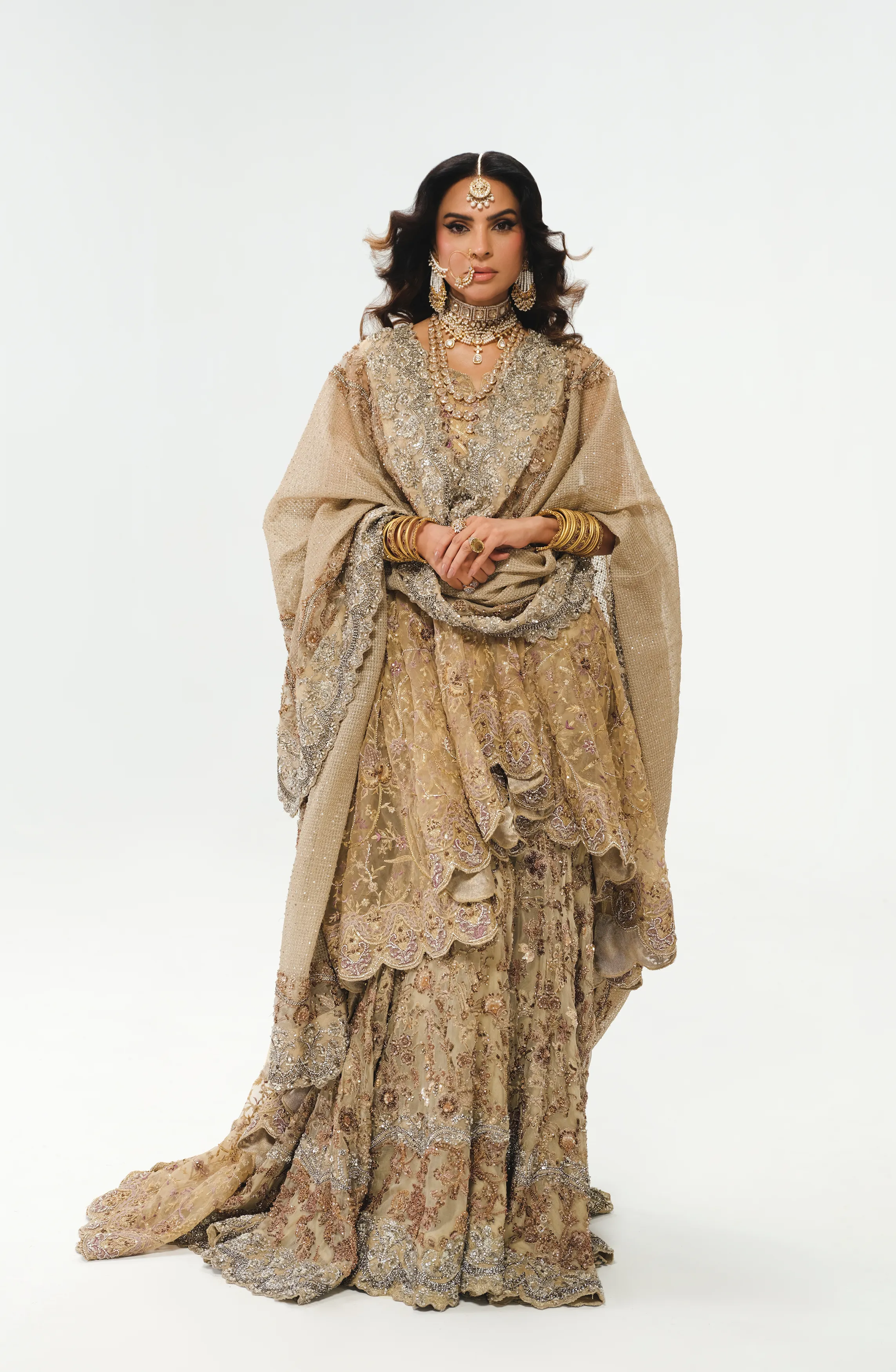 French Beige and Sepia Bridal Ensemble with Farshi Gharara and Peplum