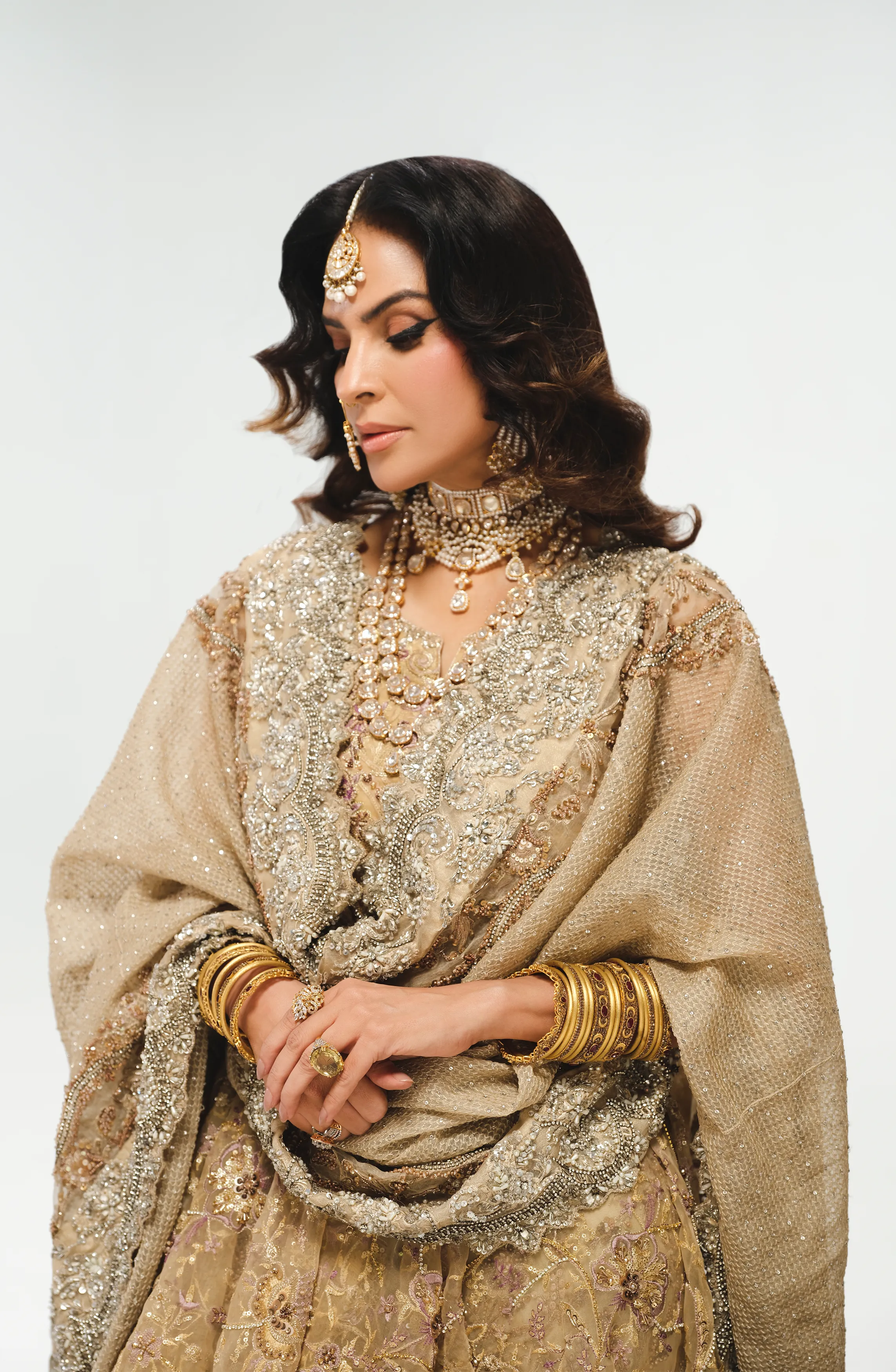 French Beige and Sepia Bridal Ensemble with Farshi Gharara and Peplum