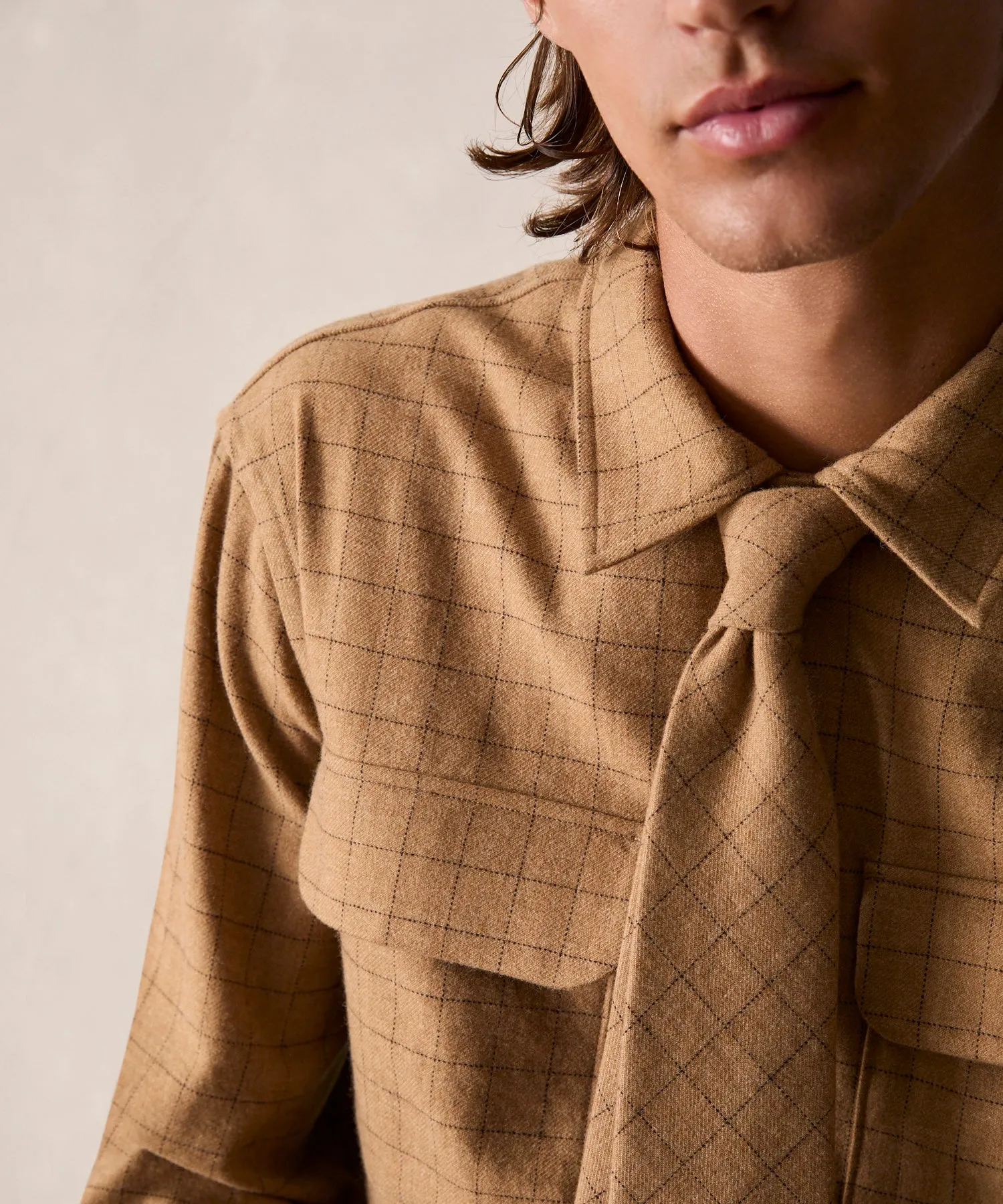 Italian Wool Field Overshirt in Tan Check