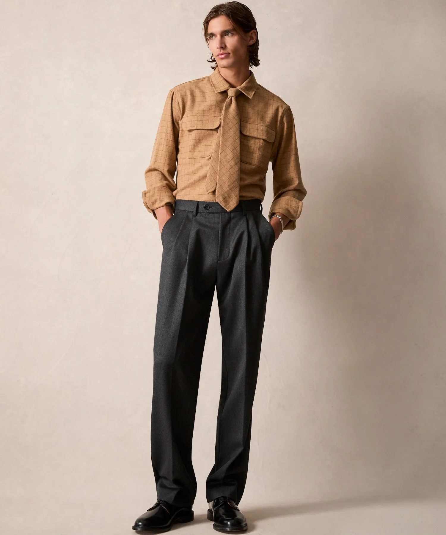 Italian Wool Field Overshirt in Tan Check