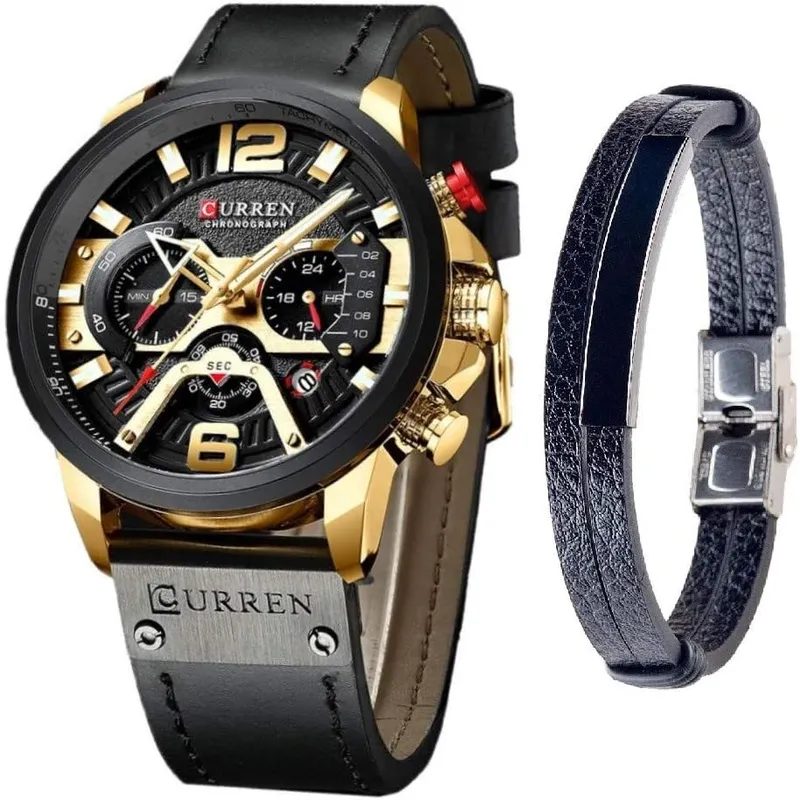Men's Quartz Leather Chronograph Watch & Bracelet Set
