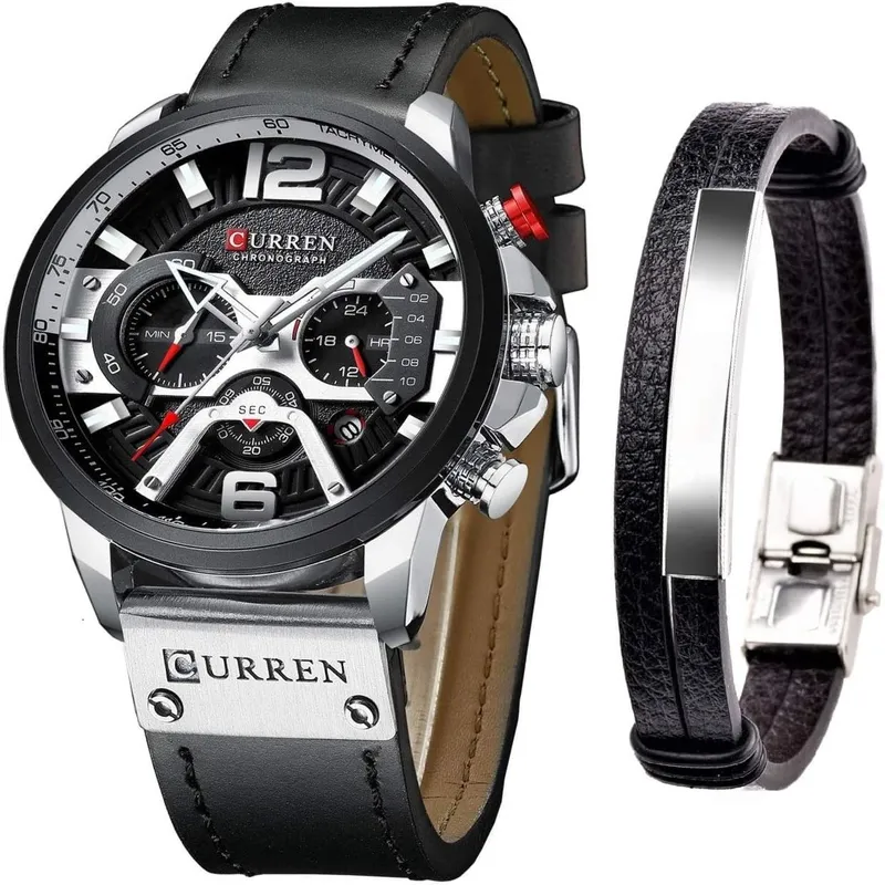 Men's Quartz Leather Chronograph Watch & Bracelet Set
