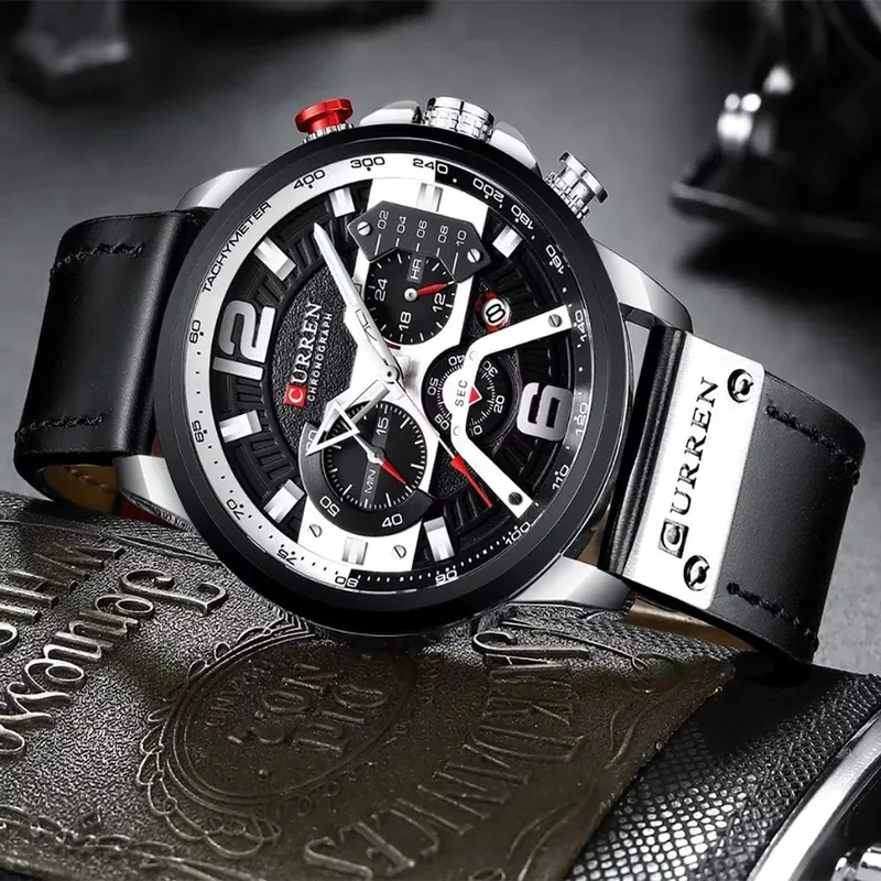 Men's Quartz Leather Chronograph Watch & Bracelet Set