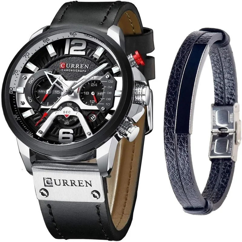 Men's Quartz Leather Chronograph Watch & Bracelet Set