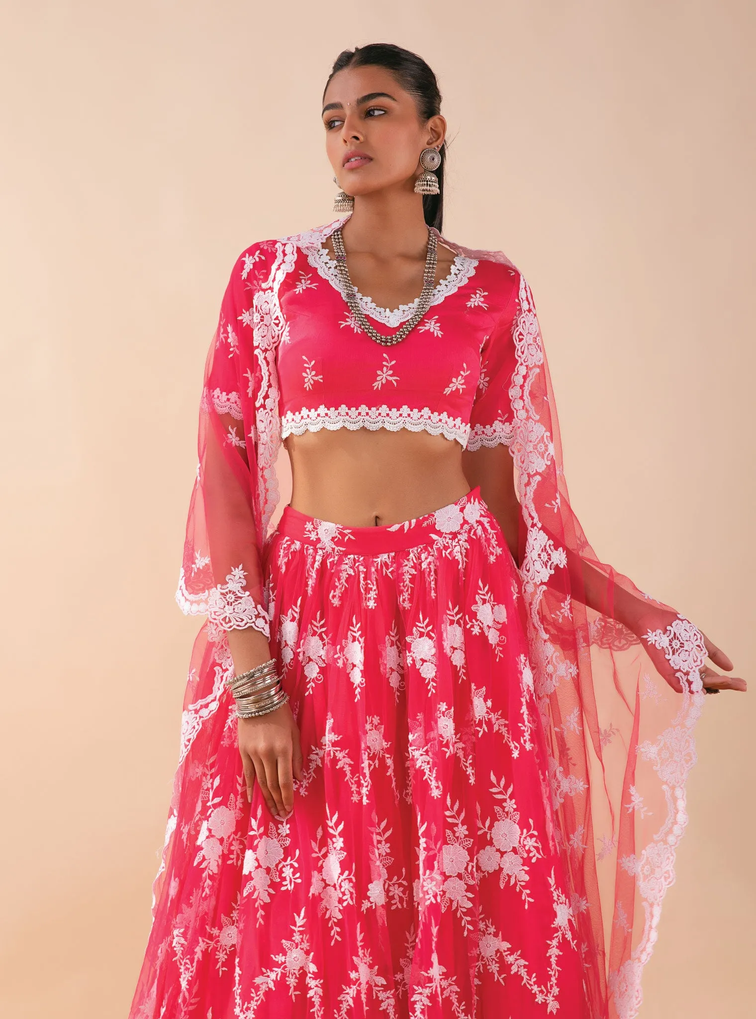 Mulmul Almora Red Net Lehenga