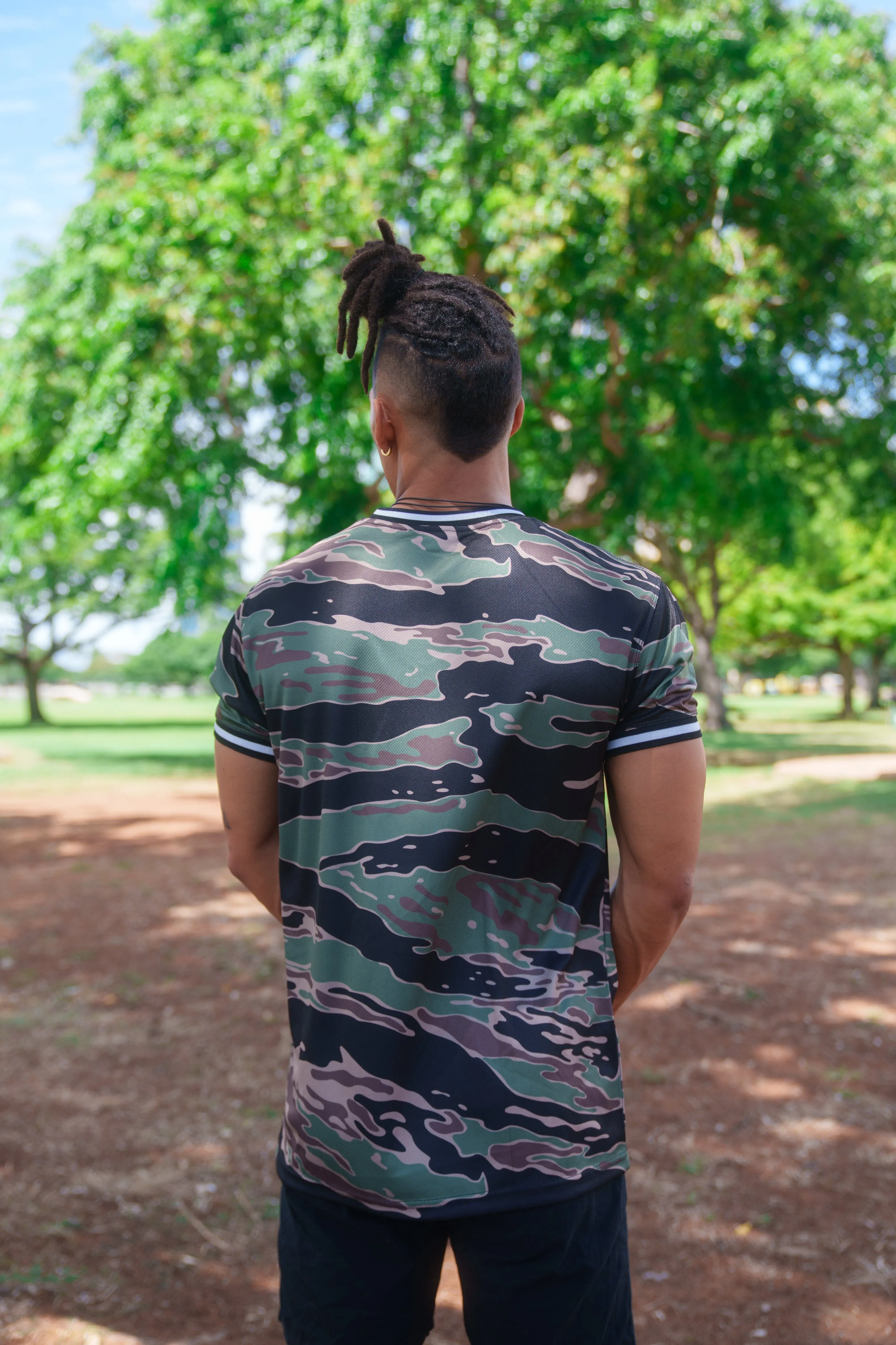 OLIVE & BROWN CAMO ALOHA FESTIVAL SOFTBALL JERSEY