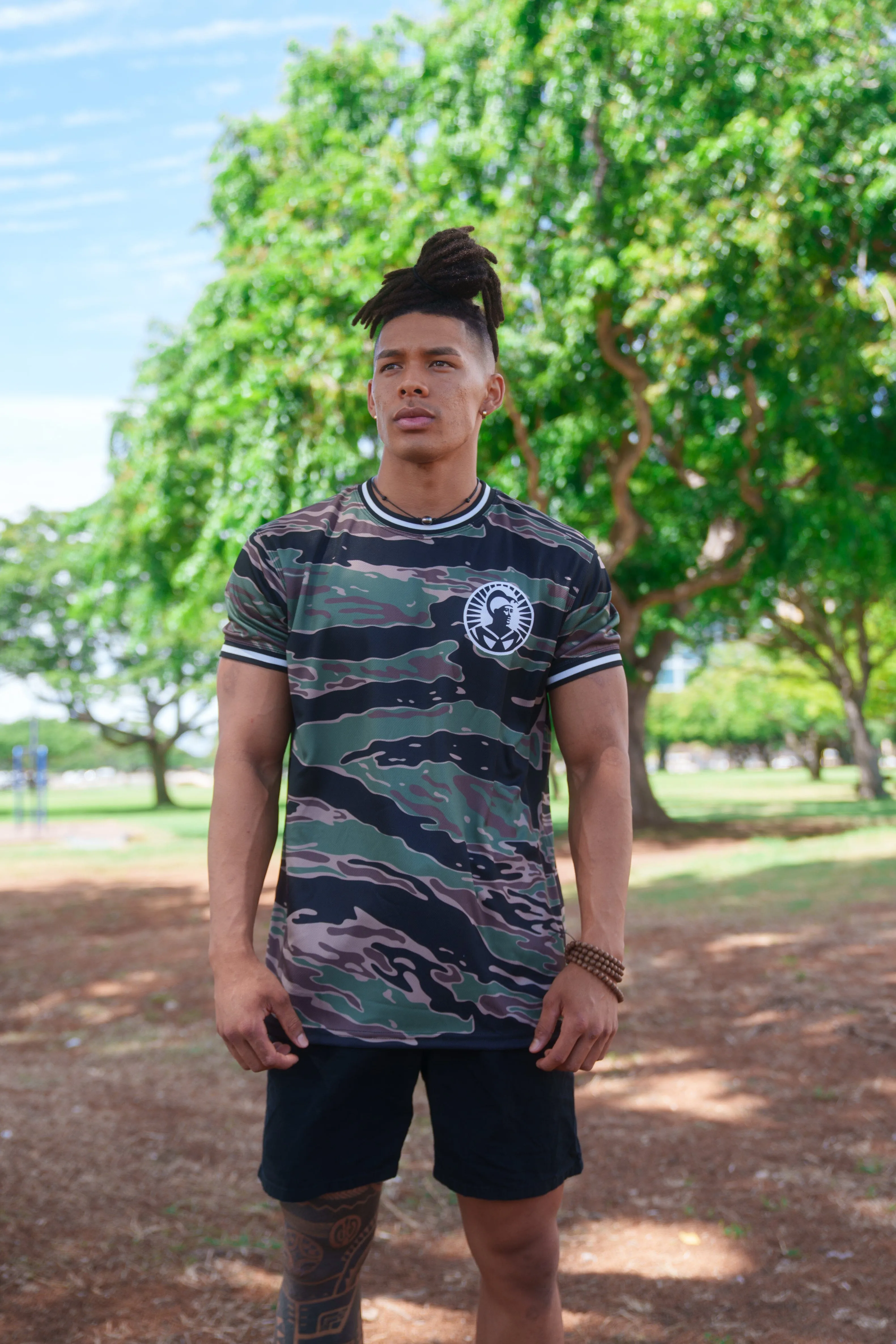 OLIVE & BROWN CAMO ALOHA FESTIVAL SOFTBALL JERSEY