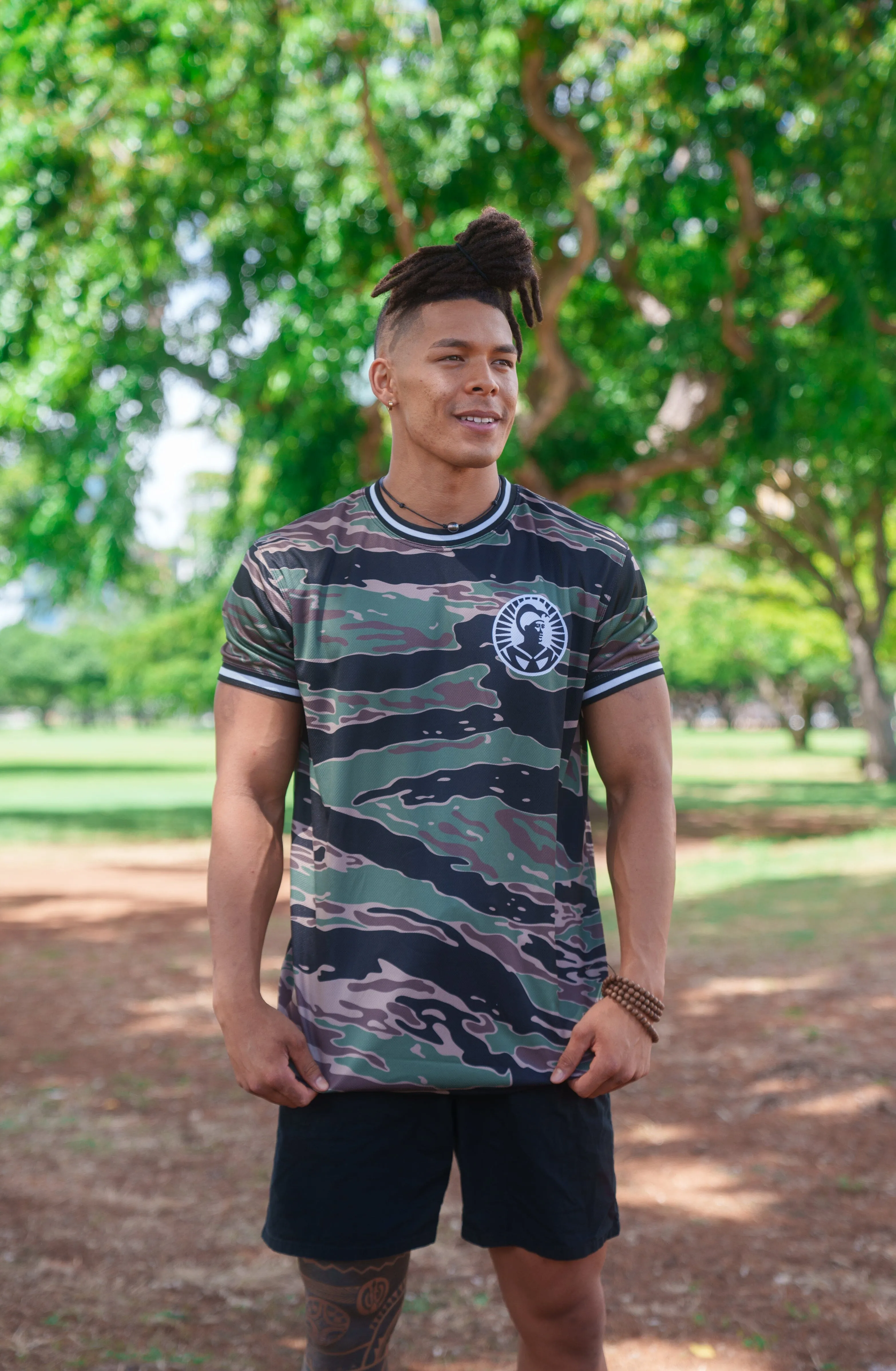 OLIVE & BROWN CAMO ALOHA FESTIVAL SOFTBALL JERSEY