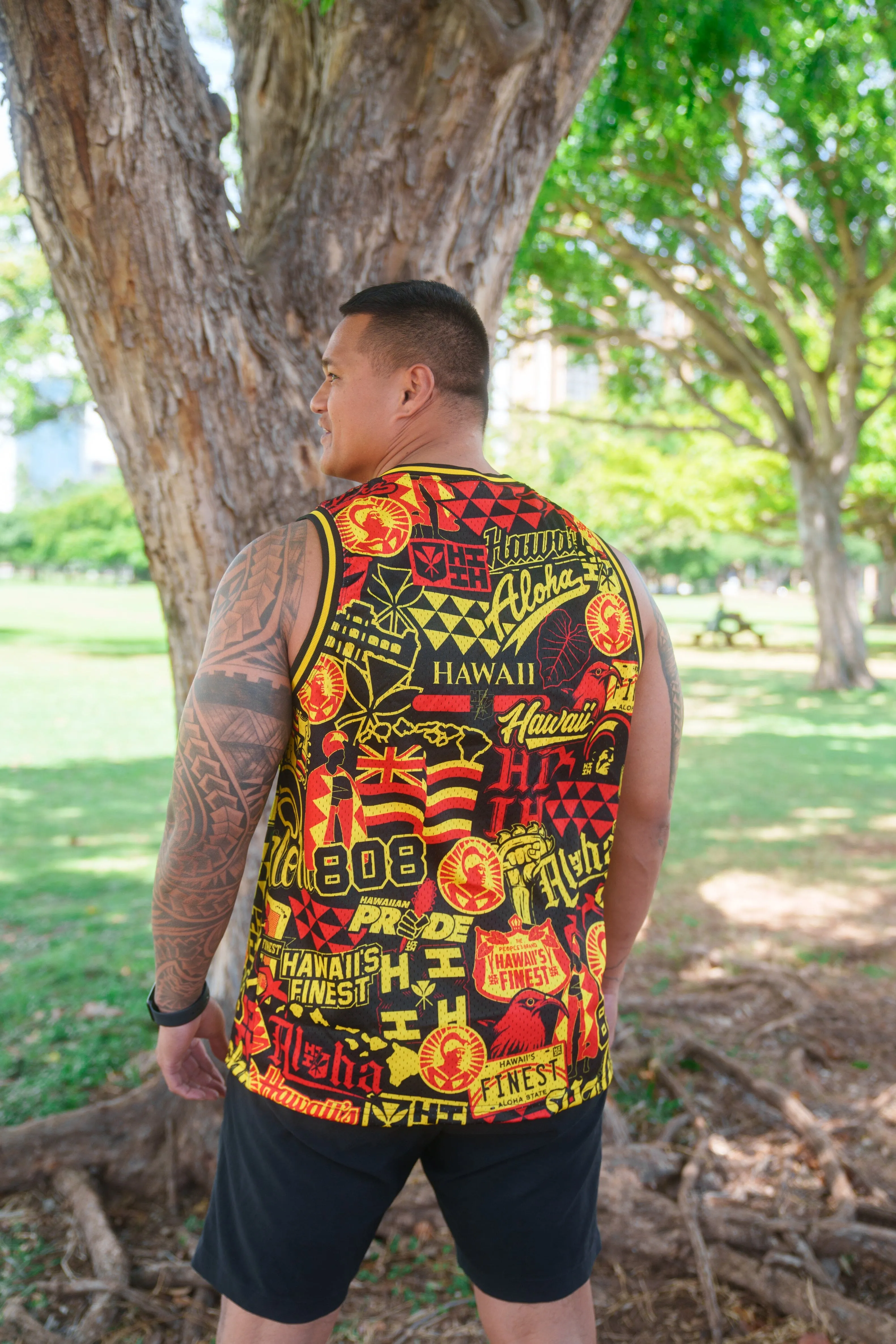 RED & YELLOW STICKERBOMB ALOHA FESTIVAL BASKETBALL JERSEY