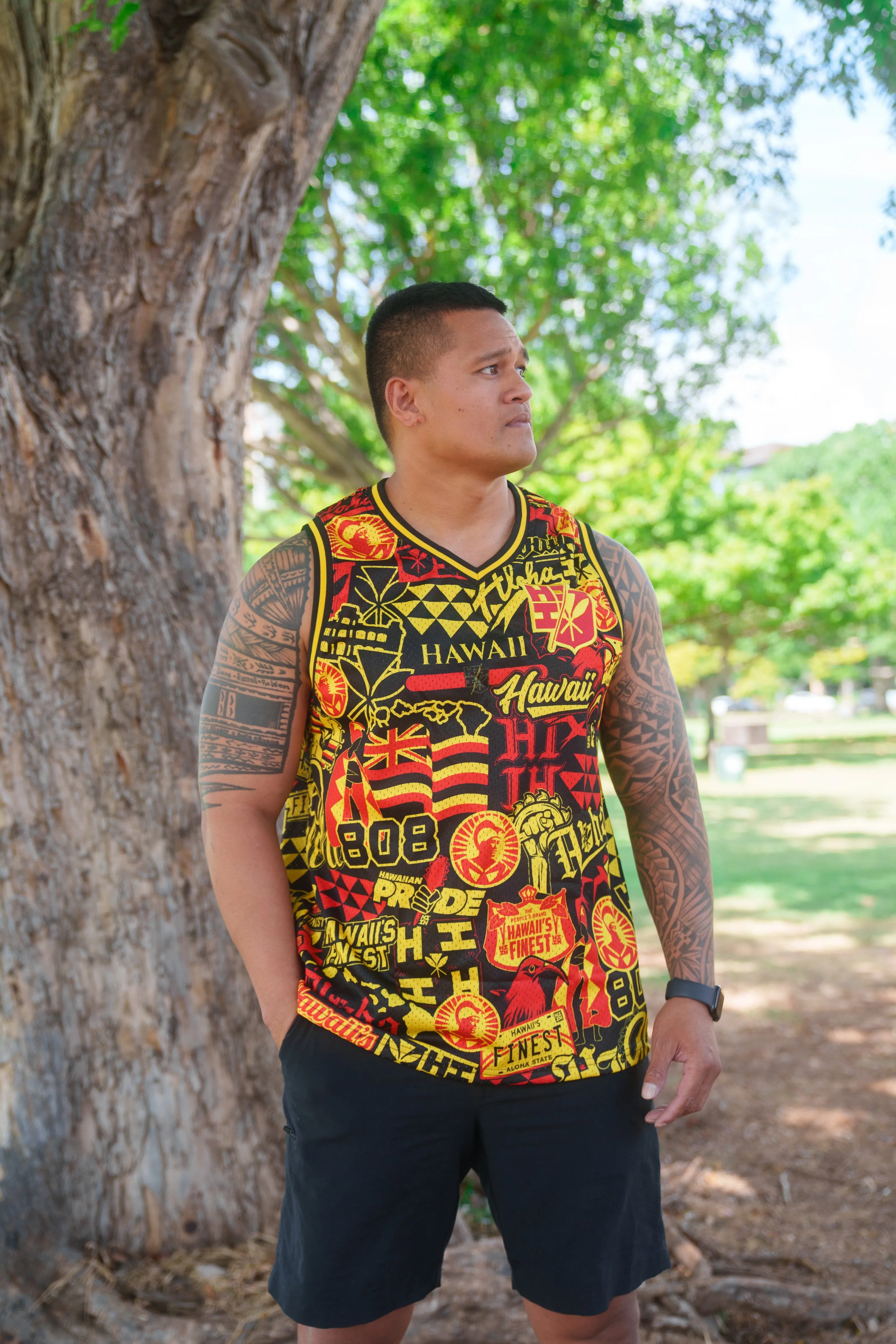 RED & YELLOW STICKERBOMB ALOHA FESTIVAL BASKETBALL JERSEY