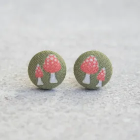Retro Mushrooms Fabric Button Earrings