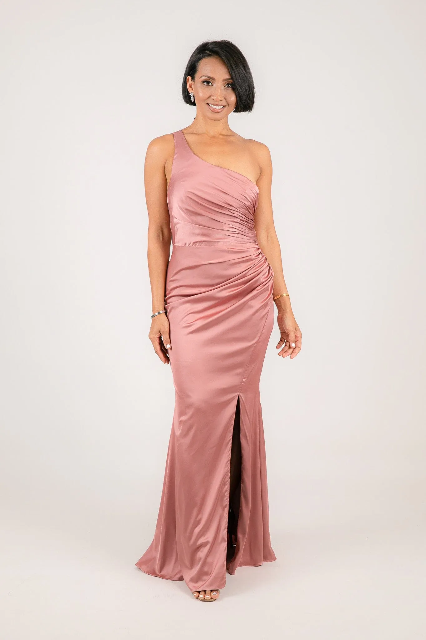 SELENE One Shoulder Satin Maxi Dress - Dusty Pink