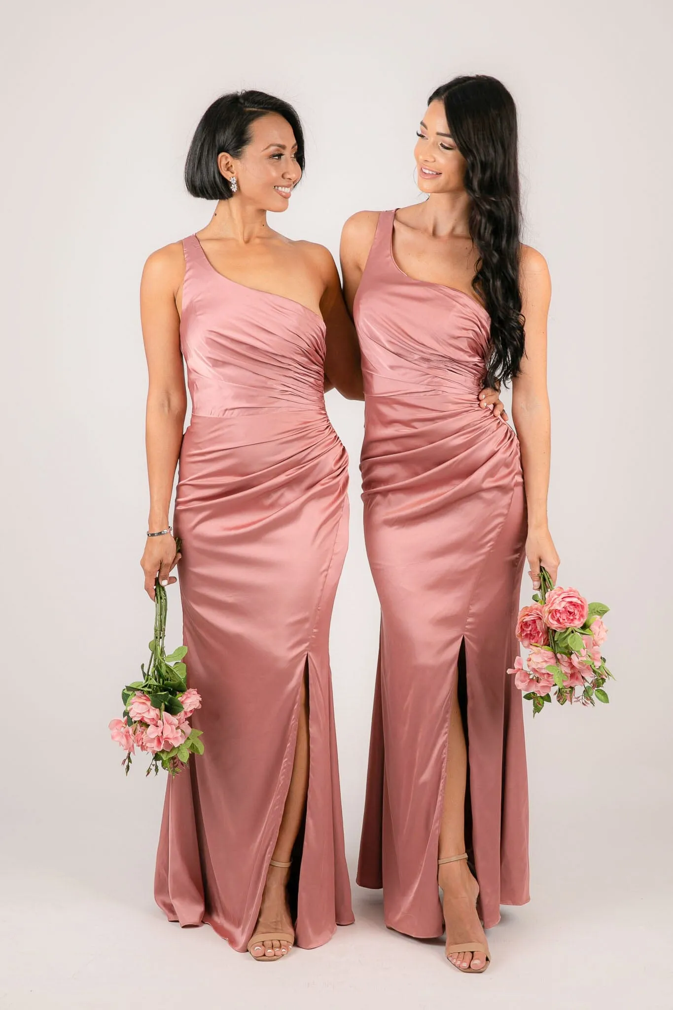 SELENE One Shoulder Satin Maxi Dress - Dusty Pink