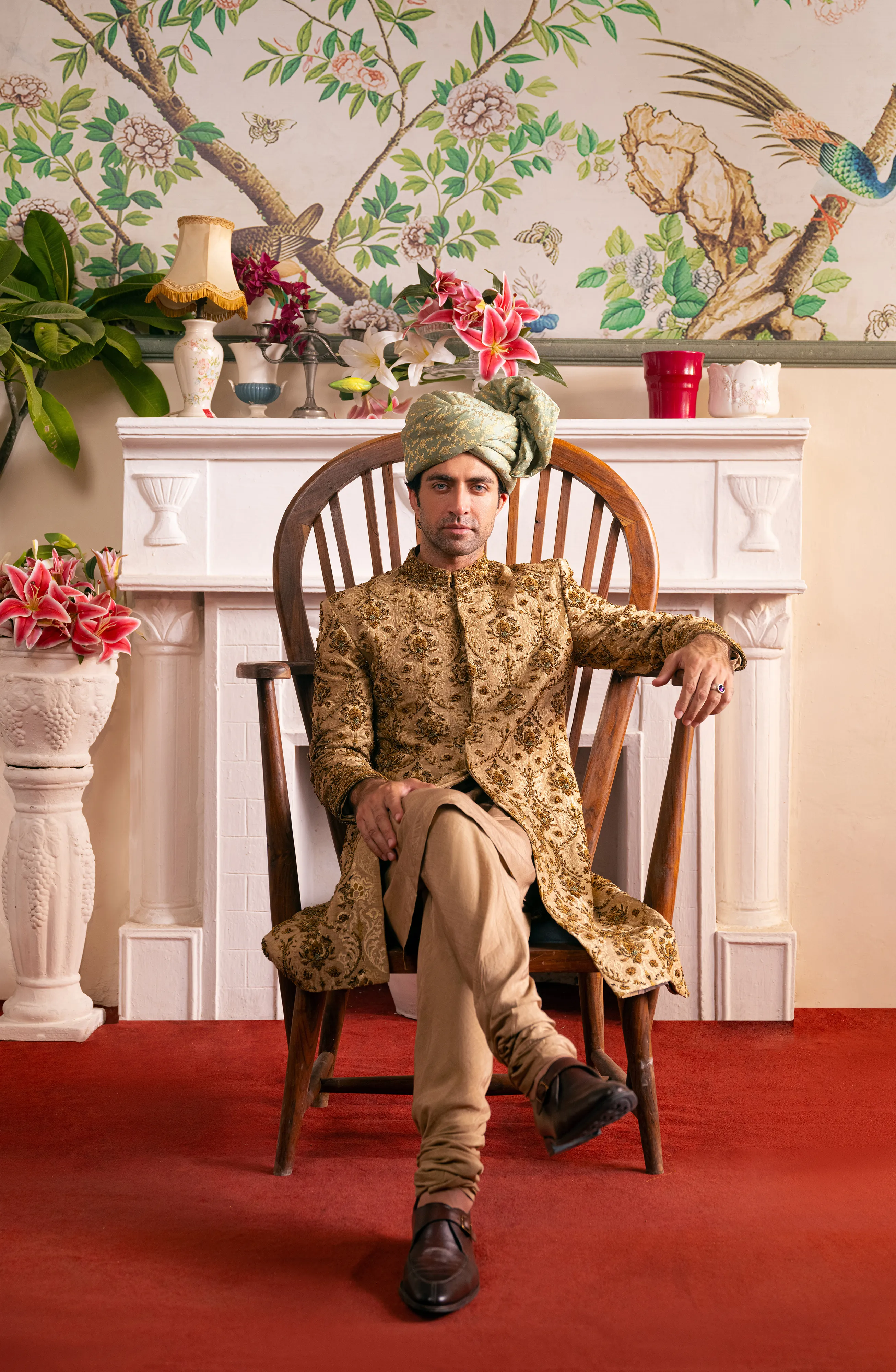 Shahjahan - Beige Sherwani, Silk Kurta, Chooridar Pajama & Turban