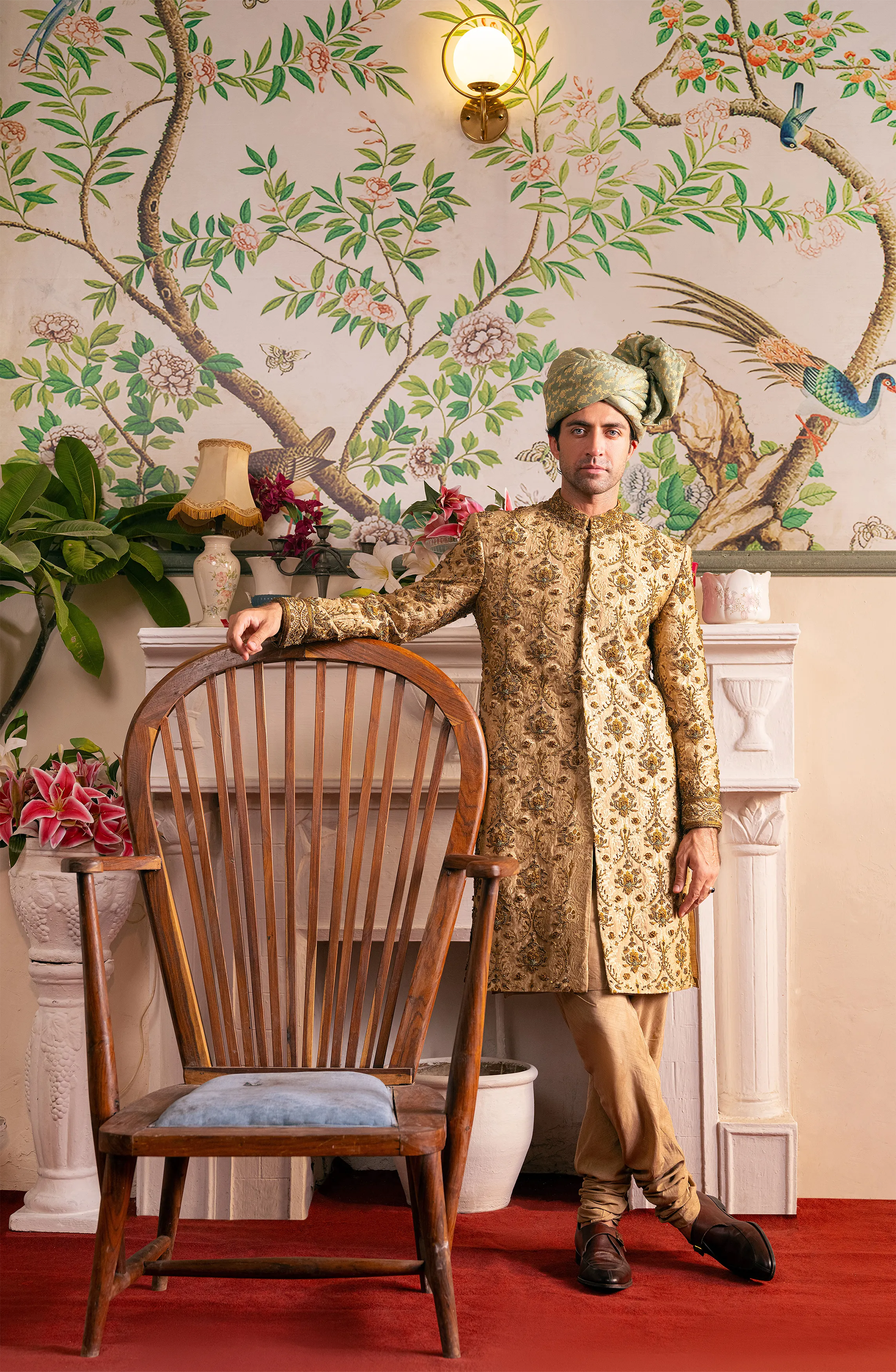 Shahjahan - Beige Sherwani, Silk Kurta, Chooridar Pajama & Turban