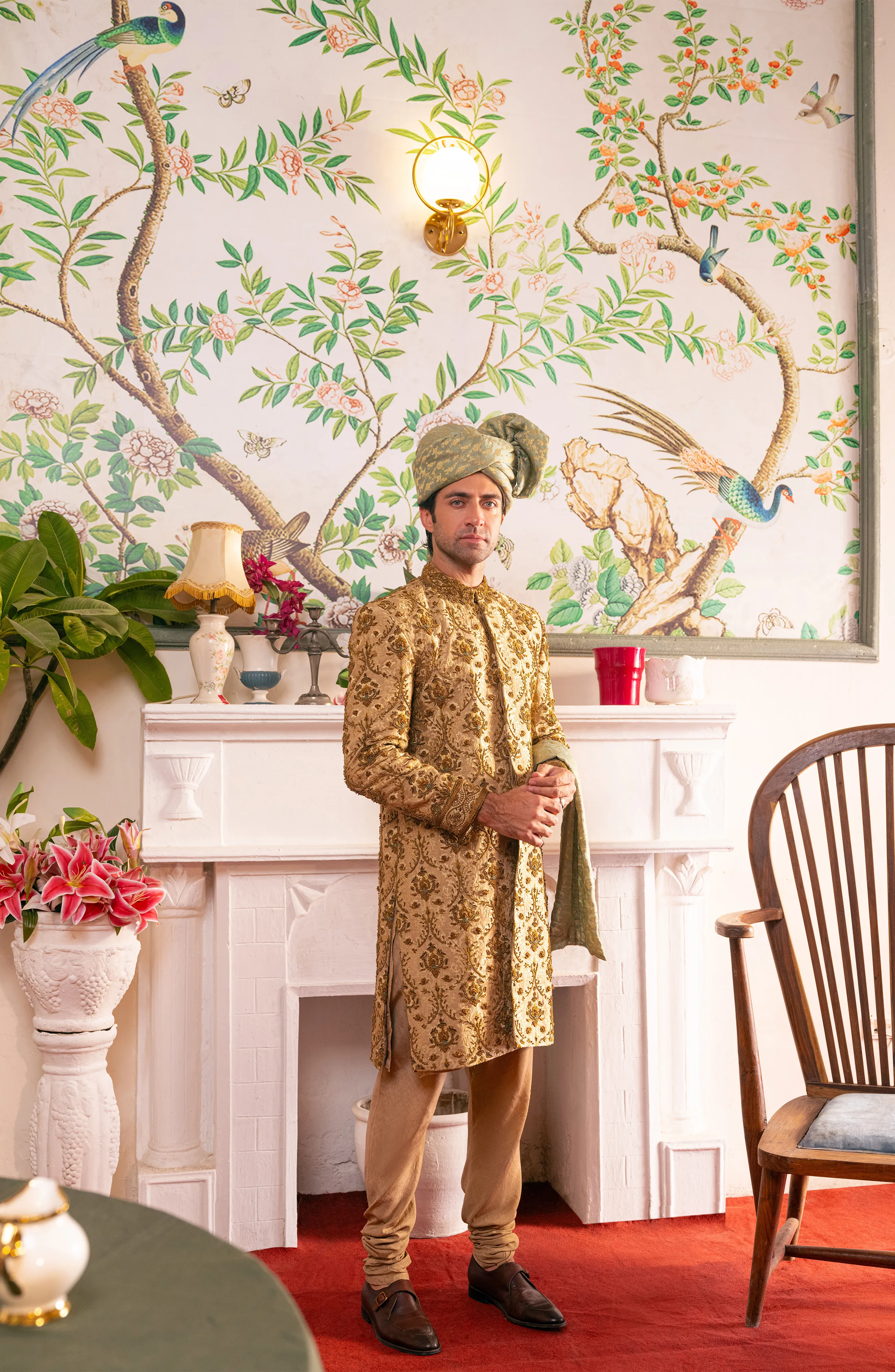 Shahjahan - Beige Sherwani, Silk Kurta, Chooridar Pajama & Turban