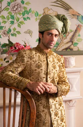 Shahjahan - Beige Sherwani, Silk Kurta, Chooridar Pajama & Turban