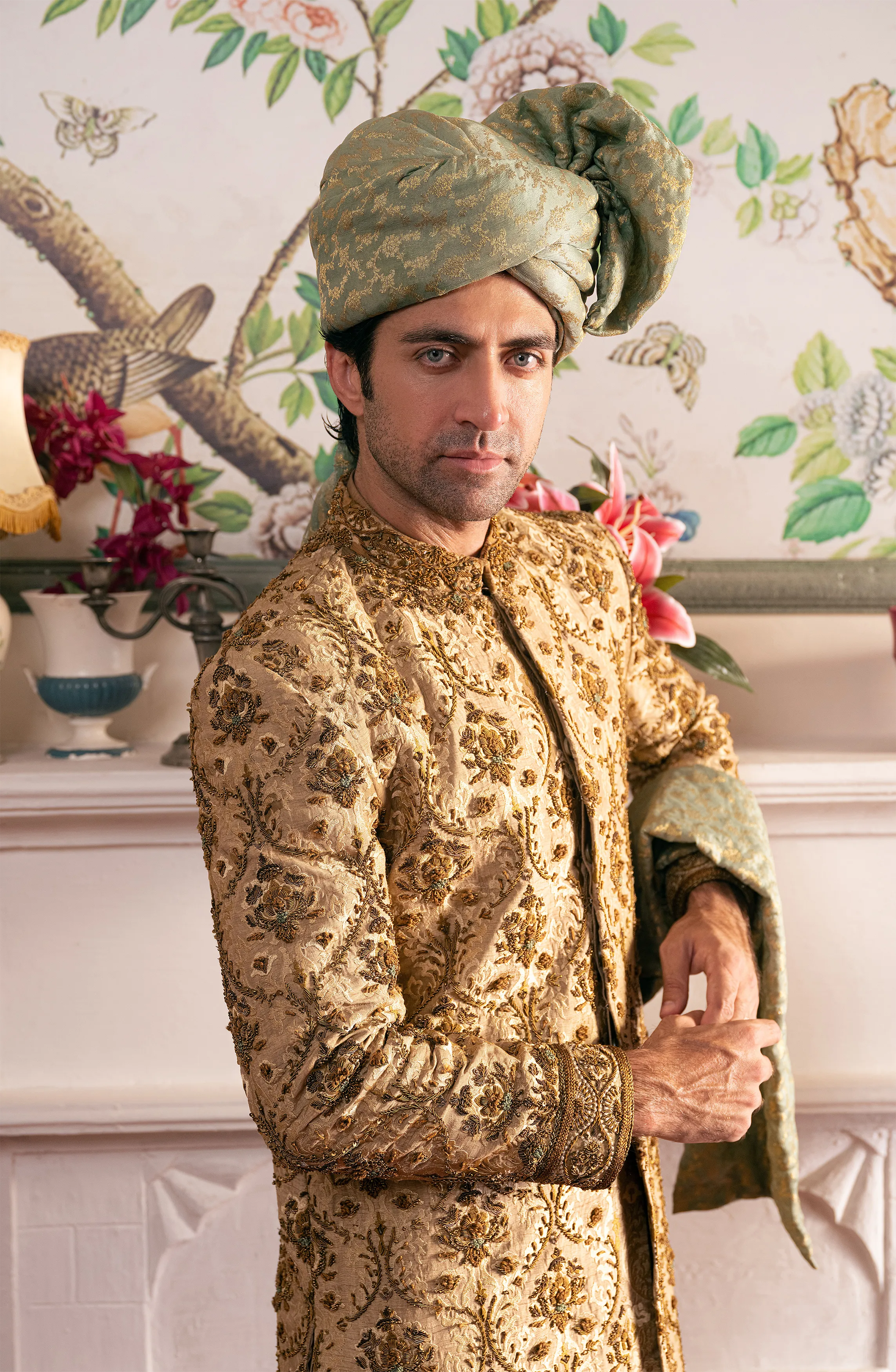 Shahjahan - Beige Sherwani, Silk Kurta, Chooridar Pajama & Turban