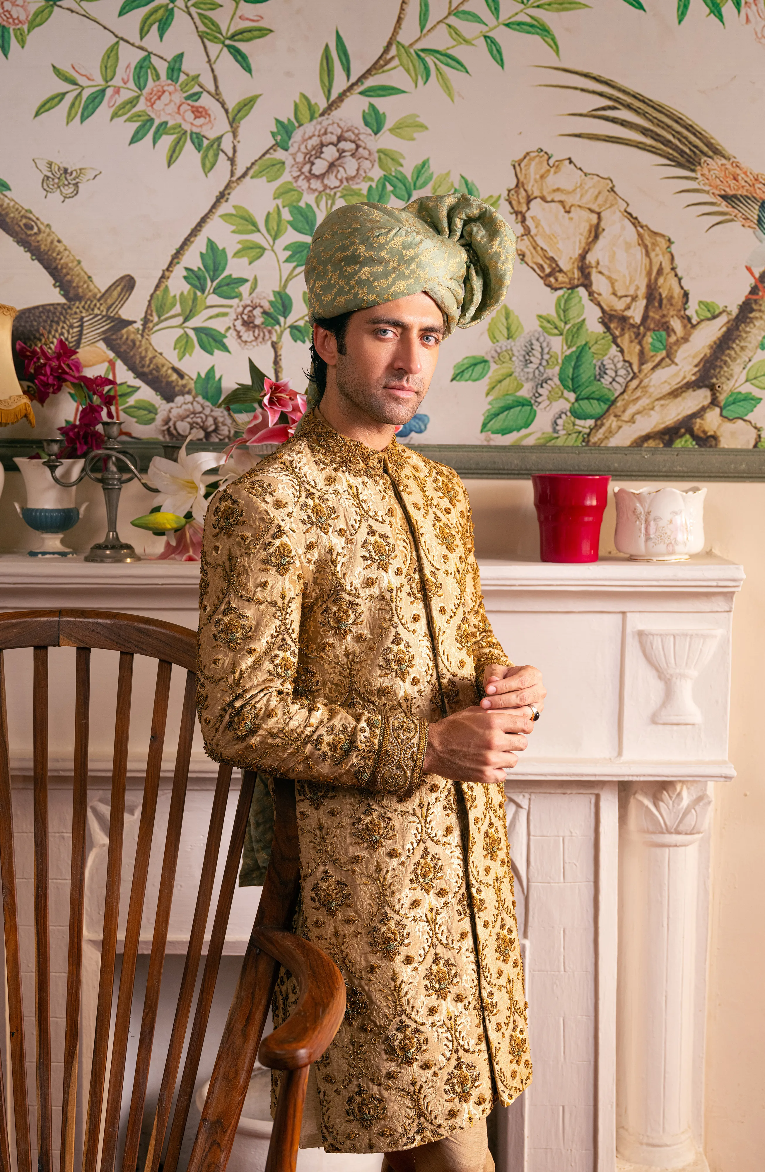 Shahjahan - Beige Sherwani, Silk Kurta, Chooridar Pajama & Turban