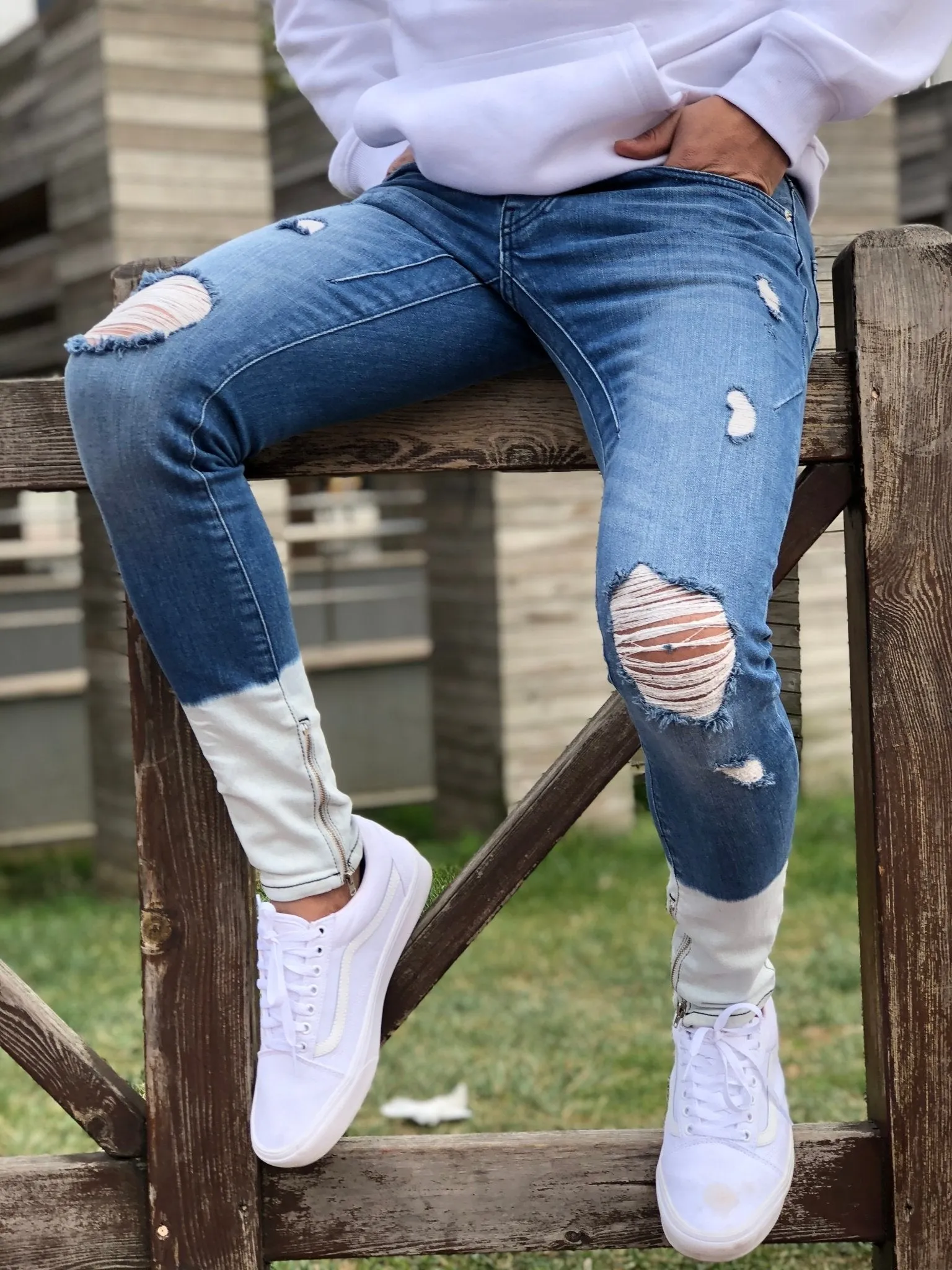 Sneakerjeans - Blue White Ankle Ripped Ultra Skinny Jeans B323