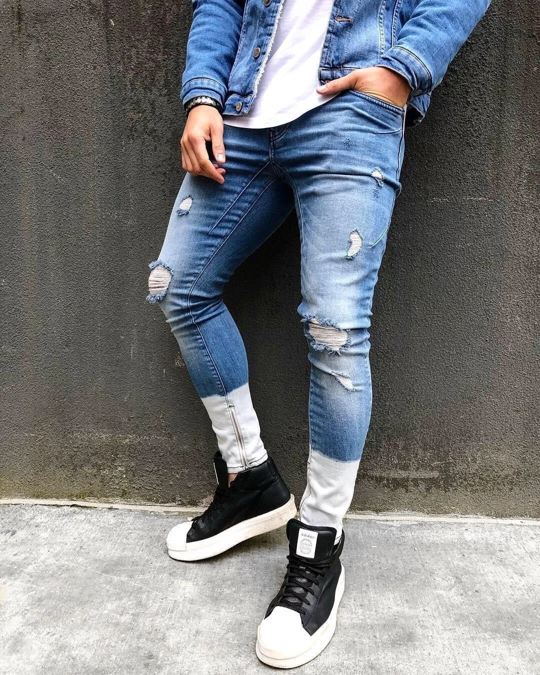 Sneakerjeans - Blue White Ankle Ripped Ultra Skinny Jeans B323