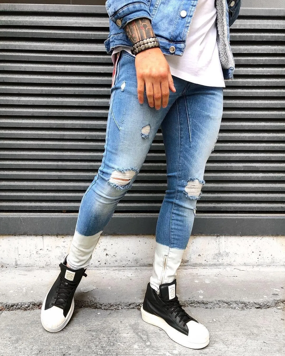 Sneakerjeans - Blue White Ankle Ripped Ultra Skinny Jeans B323