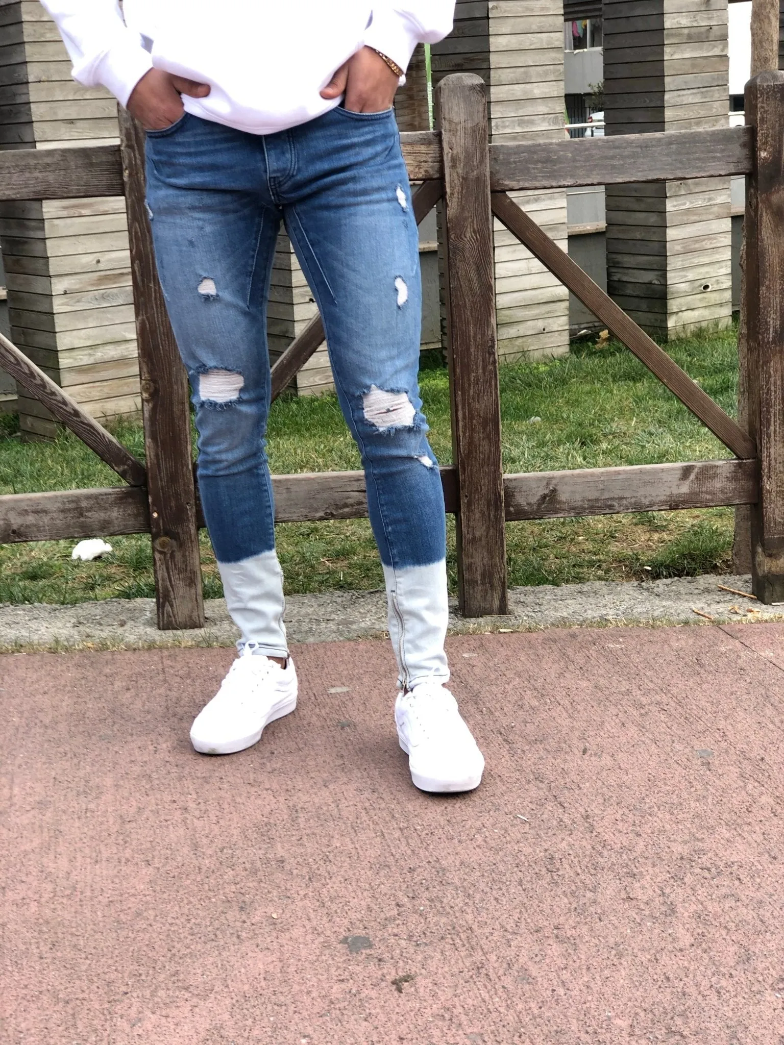 Sneakerjeans - Blue White Ankle Ripped Ultra Skinny Jeans B323