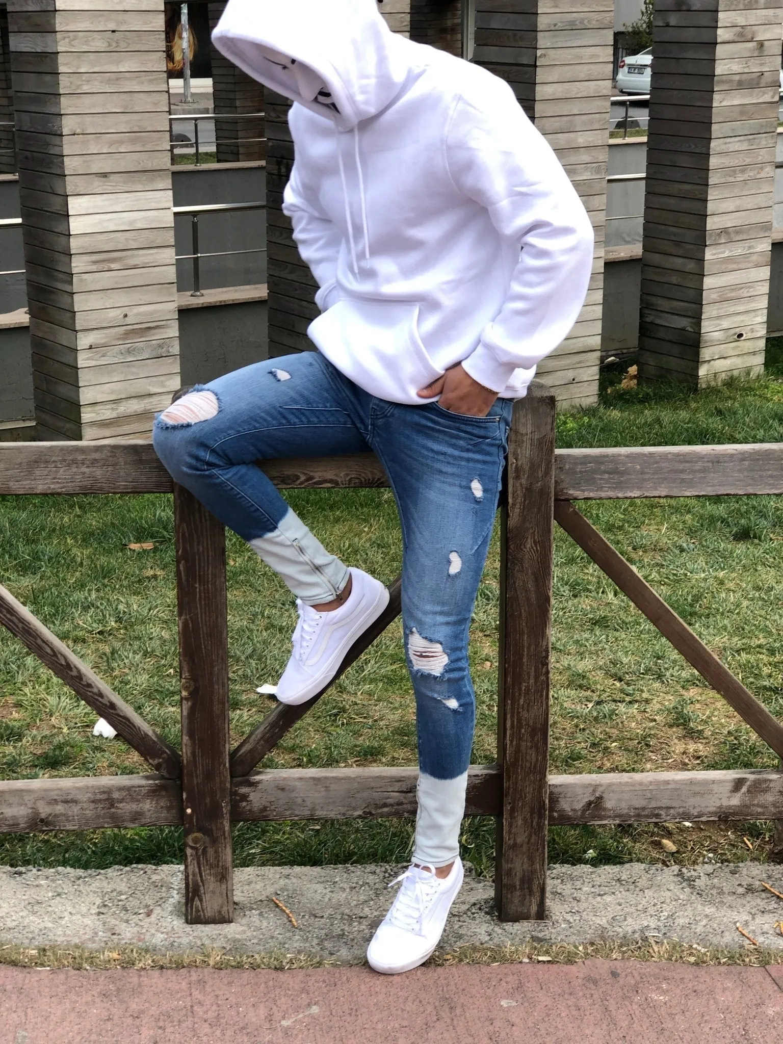 Sneakerjeans - Blue White Ankle Ripped Ultra Skinny Jeans B323
